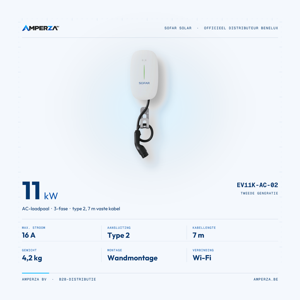 Speckaart Sofar EV11K-AC-02: 11 kW, 16 A, type 2, 7 m kabel, 4,2 kg, wandmontage, wifi