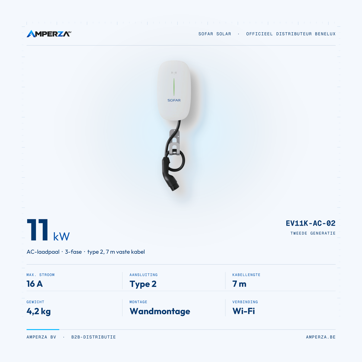 Speckaart Sofar EV11K-AC-02: 11 kW, 16 A, type 2, 7 m kabel, 4,2 kg, wandmontage, wifi